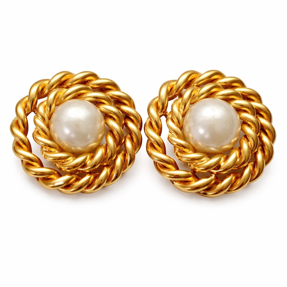Vintage Gold Rope Pearl Clip Earrings Statement Classic Designer Style